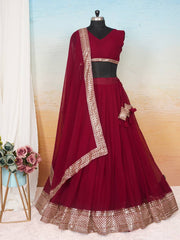Function Wear Faux Blooming Maroon Color Lehenga Choli