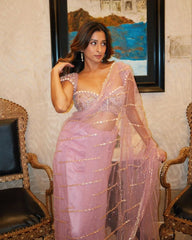 Party Wear Hand Pearl Work Pink Saree
