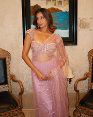 Party Wear Hand Pearl Work Pink Saree