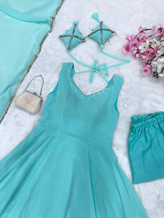Trendy Georgette Hotfix Work Blue Color Anarkali Gown