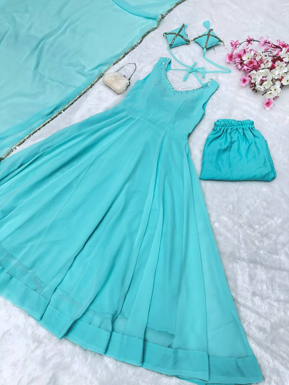 Trendy Georgette Hotfix Work Blue Color Anarkali Gown