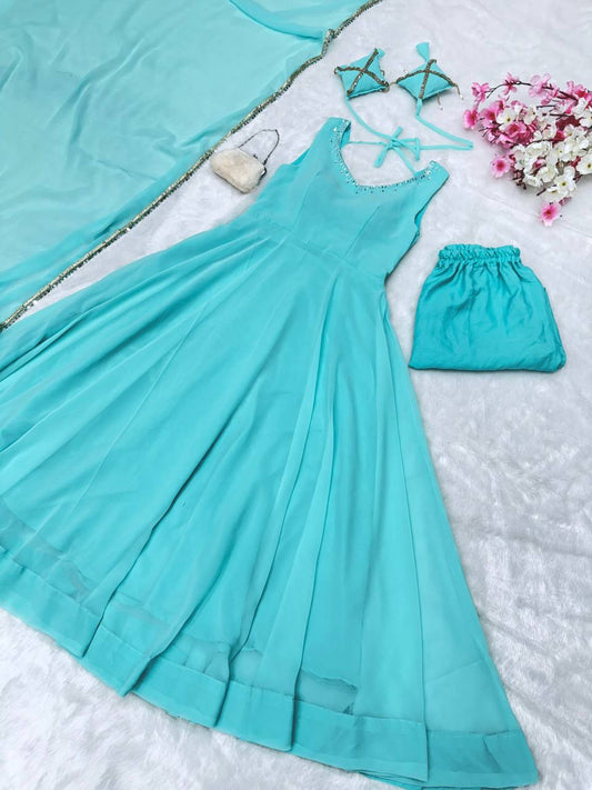 Trendy Georgette Hotfix Work Blue Color Anarkali Gown