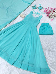 Trendy Georgette Hotfix Work Blue Color Anarkali Gown