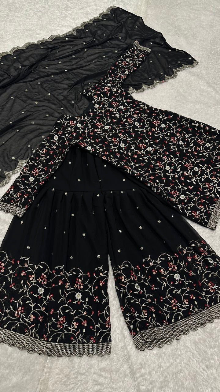 Party Wear Black Color Sequence Thread Zari Work Sharara Suit