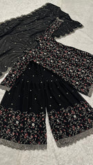 Party Wear Black Color Sequence Thread Zari Work Sharara Suit