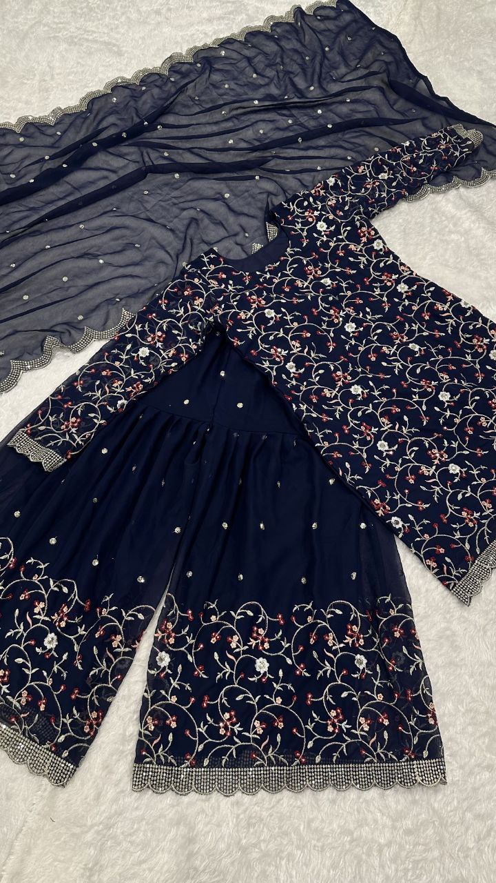 Party Wear Navy Blue Color Sequence Thread Zari Work Sharara Suit