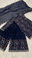Party Wear Navy Blue Color Sequence Thread Zari Work Sharara Suit