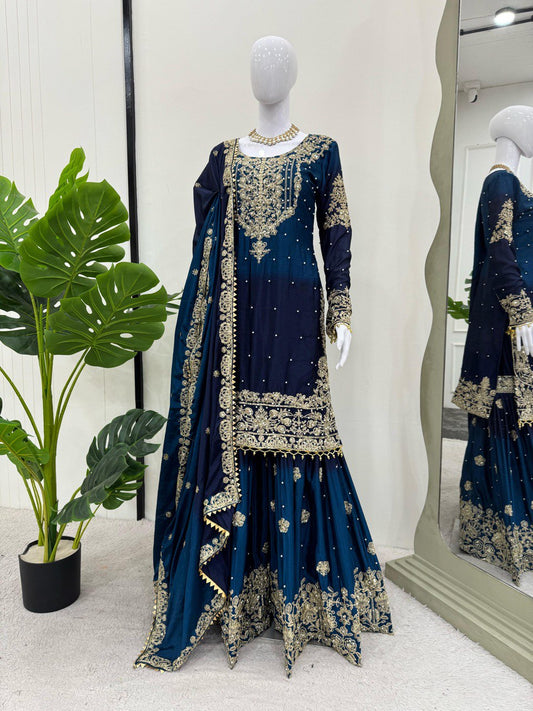 Preferable Chinon Silk Double Shade Navy Blue Color Sharara Suit