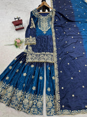 Preferable Chinon Silk Double Shade Navy Blue Color Sharara Suit