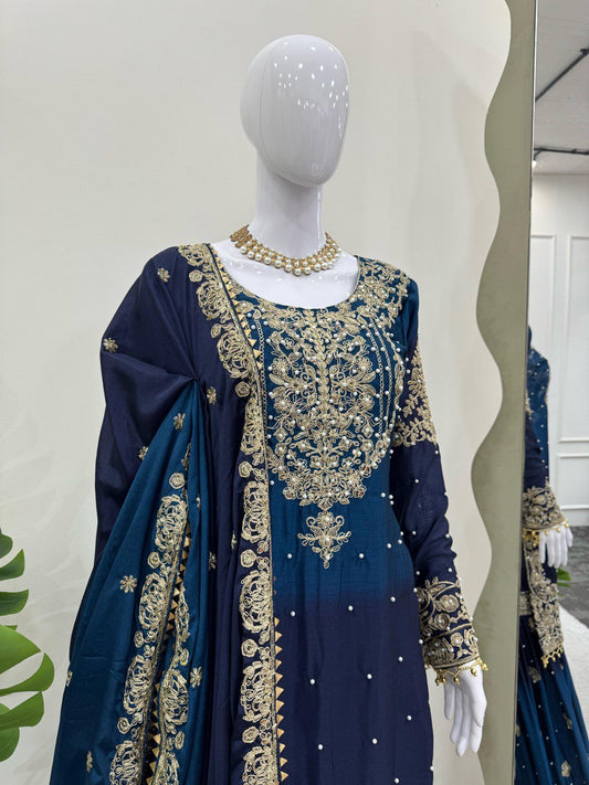 Preferable Chinon Silk Double Shade Navy Blue Color Sharara Suit