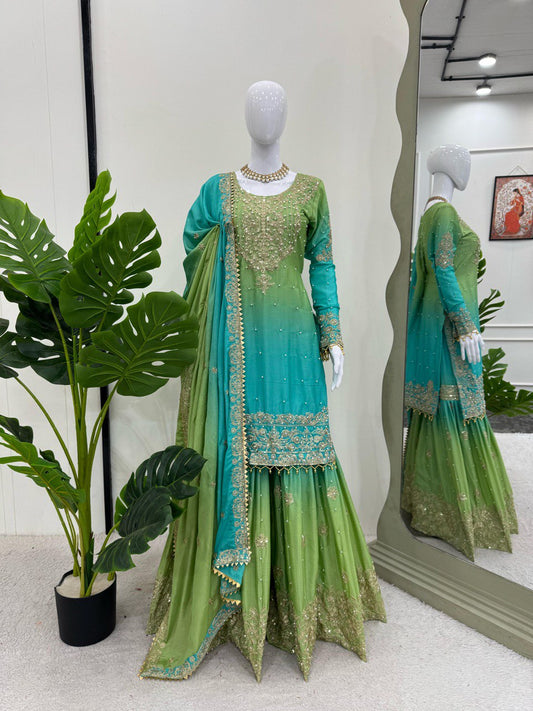 Preferable Chinon Silk Double Shade Green Color Sharara Suit