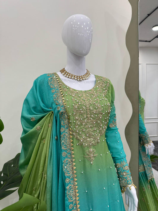 Preferable Chinon Silk Double Shade Green Color Sharara Suit