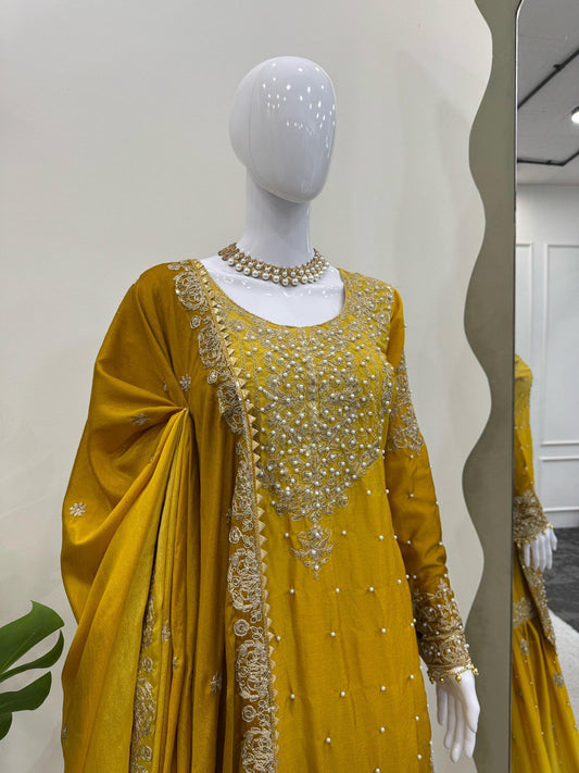 Preferable Chinon Silk Double Shade Mustard Color Sharara Suit