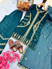 Unique Crunchy Silk Teal Blue Color Palazzo Suit