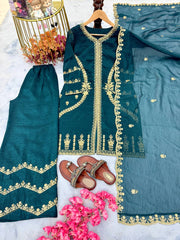 Unique Crunchy Silk Teal Blue Color Palazzo Suit