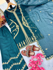 Unique Crunchy Silk Teal Blue Color Palazzo Suit