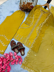 Unique Crunchy Silk Yellow Color Palazzo Suit