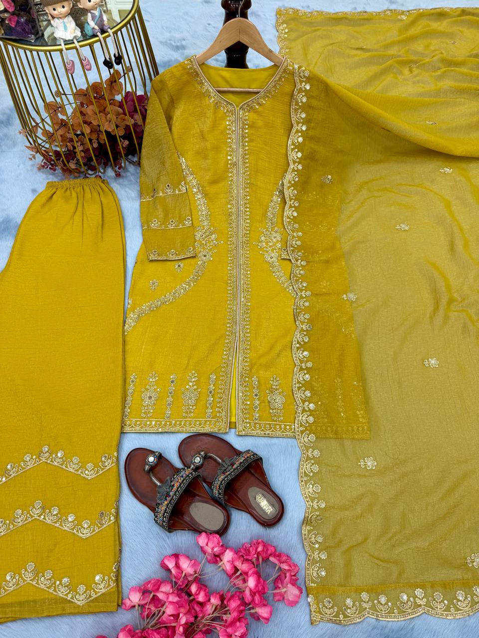 Unique Crunchy Silk Yellow Color Palazzo Suit
