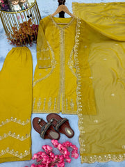 Unique Crunchy Silk Yellow Color Palazzo Suit