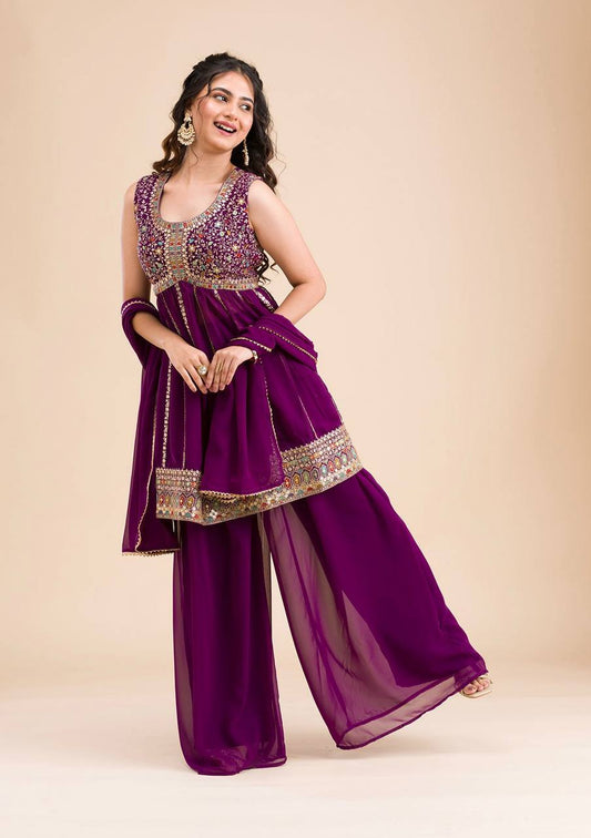Charming Embroidery Thread Work Wine Color Palazzo Suit