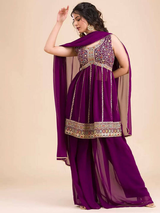 Charming Embroidery Thread Work Wine Color Palazzo Suit