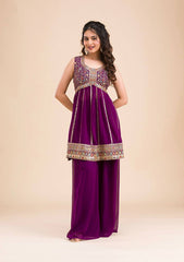 Charming Embroidery Thread Work Wine Color Palazzo Suit