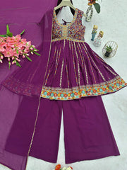 Charming Embroidery Thread Work Wine Color Palazzo Suit