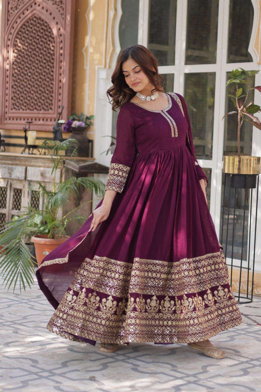 Outstanding Rich Embroidery Sequence Work Wine Color Gown
