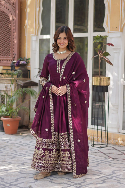Outstanding Rich Embroidery Sequence Work Wine Color Gown