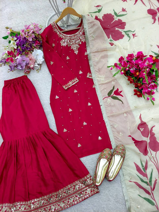 Occasion Wear Embroidery Work Red Color Sharara Suit