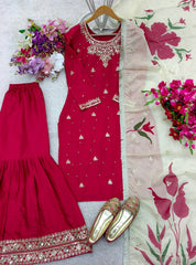 Occasion Wear Embroidery Work Red Color Sharara Suit