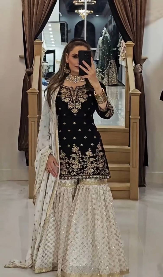 Gorgeous Embroidery Sequence Work Black Color Sharara Suit