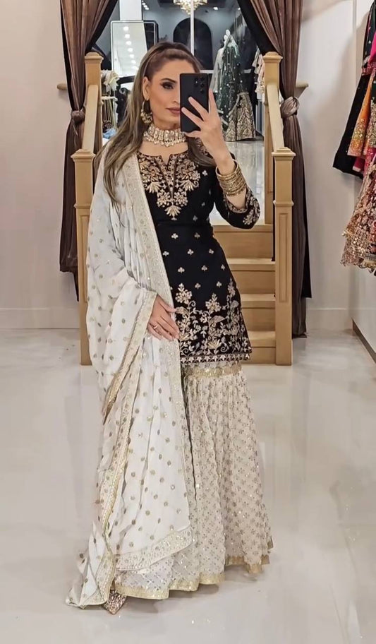 Gorgeous Embroidery Sequence Work Black Color Sharara Suit