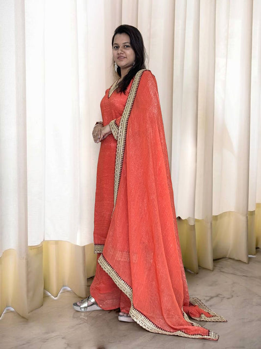 Amazing Soft Gold Crush Silk Orange Color Palazo Suit