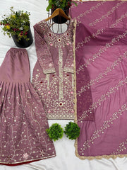 Wedding & Party Wear Embroidery Work Onion Color Sharara Suit