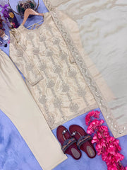 Stunning Sequence Work Cream Color Salwar Suit