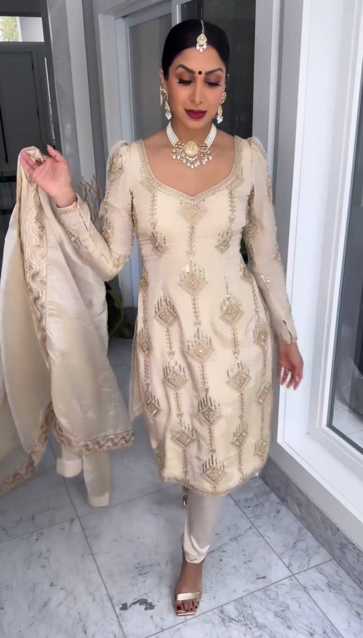 Stunning Sequence Work Cream Color Salwar Suit