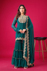Adorable Embroidery Work Teal Blue Color Sharara Suit