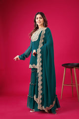 Adorable Embroidery Work Teal Blue Color Sharara Suit