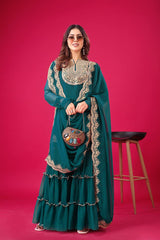 Adorable Embroidery Work Teal Blue Color Sharara Suit