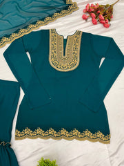 Adorable Embroidery Work Teal Blue Color Sharara Suit