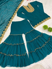 Adorable Embroidery Work Teal Blue Color Sharara Suit