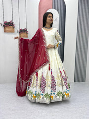 Awesome Mill Print & Foil Work White Color Lehenga Choli With Maroon Dupatta