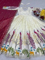 Awesome Mill Print & Foil Work White Color Lehenga Choli With Maroon Dupatta