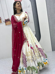 Awesome Mill Print & Foil Work White Color Lehenga Choli With Maroon Dupatta