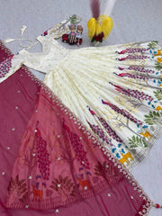 Awesome Mill Print & Foil Work White Color Lehenga Choli With Maroon Dupatta
