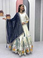 Awesome Mill Print & Foil Work White Color Lehenga Choli With Blue Dupatta