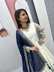 Awesome Mill Print & Foil Work White Color Lehenga Choli With Blue Dupatta