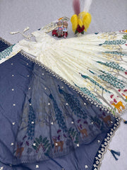 Awesome Mill Print & Foil Work White Color Lehenga Choli With Blue Dupatta