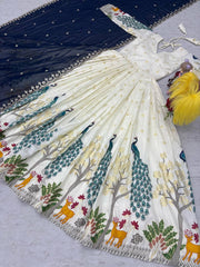 Awesome Mill Print & Foil Work White Color Lehenga Choli With Blue Dupatta
